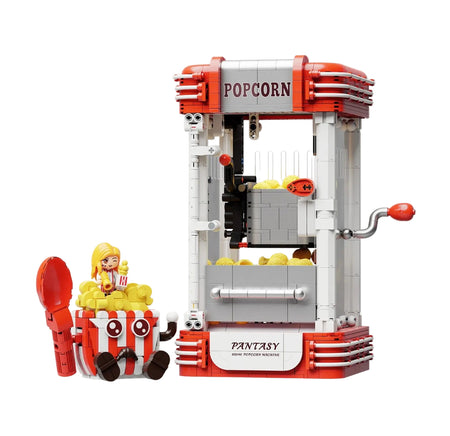 Brick Set  popcorn machine by Pantasy with a character holding popcorn, on a white background UK Pantasy Official Shop