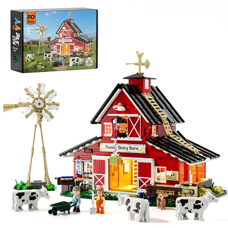 Toy barn set with animals and windmill, including packaging, on a white background LumiBricks uk store 