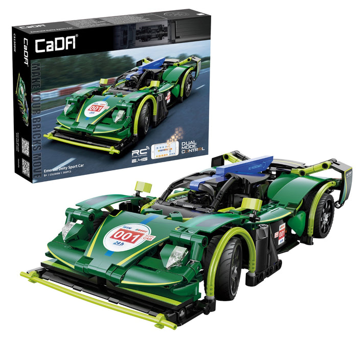 Green racing car model with detailed design, featuring a visible brand logo on the box.