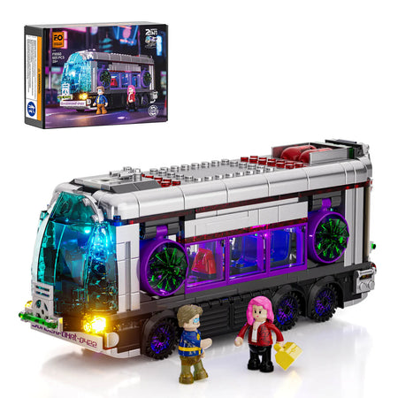 Lumibricks UK future bus with colourful lights and figures next to its packaging on a white background