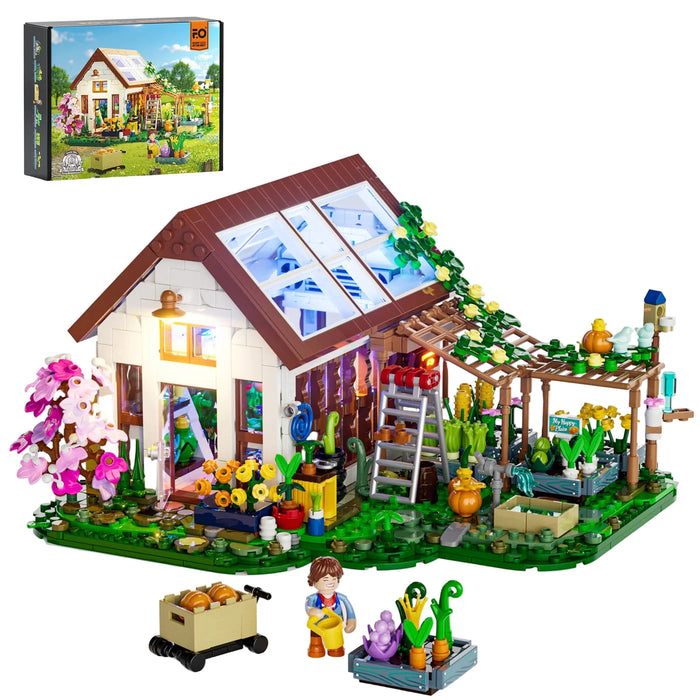 Lumibricks UK garden house set with detailed accessories on a white background