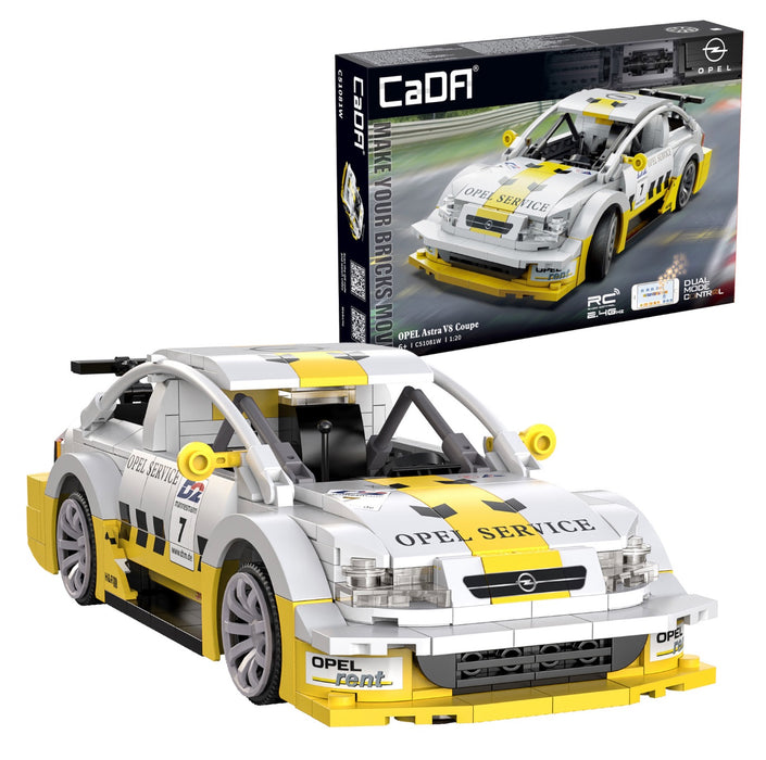 Model car built from interlocking bricks with Opel branding, next to its packaging.