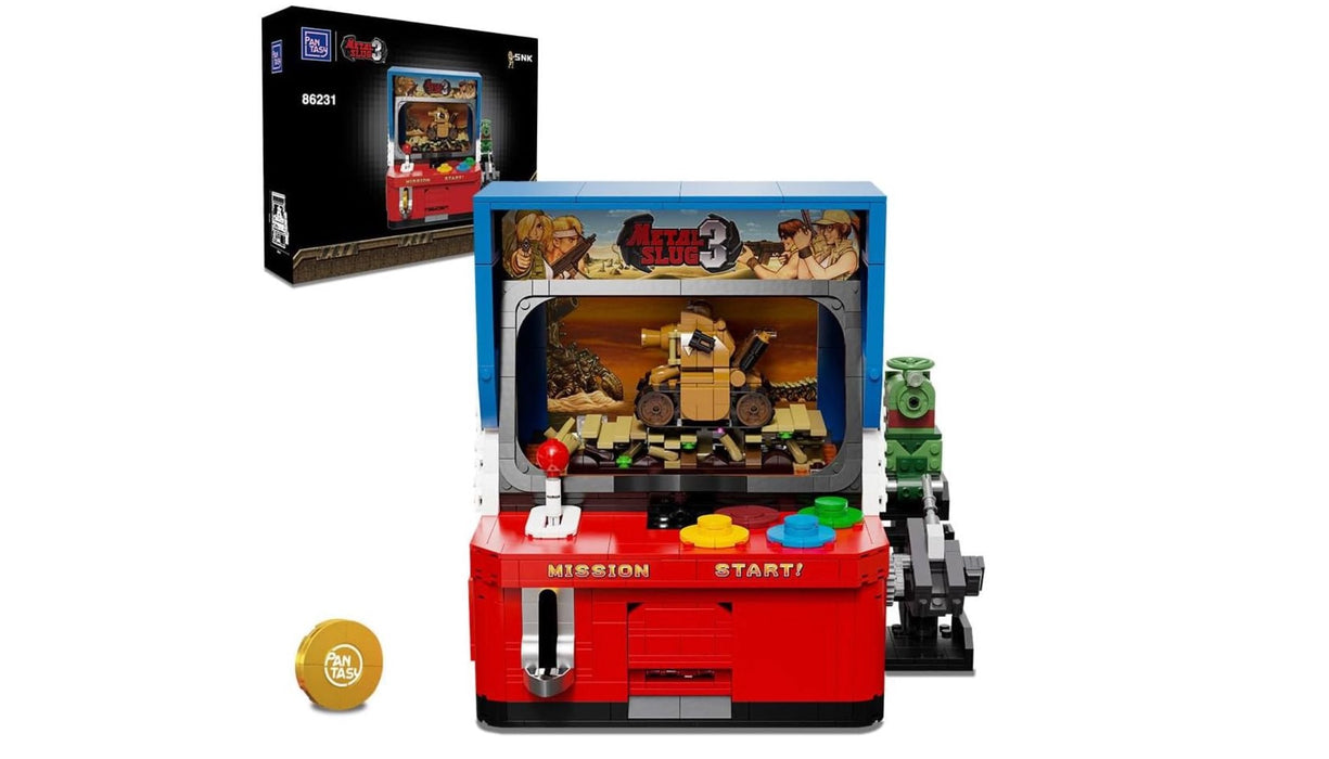 Pantasy arcade machine set with detailed interior and packaging on a white background