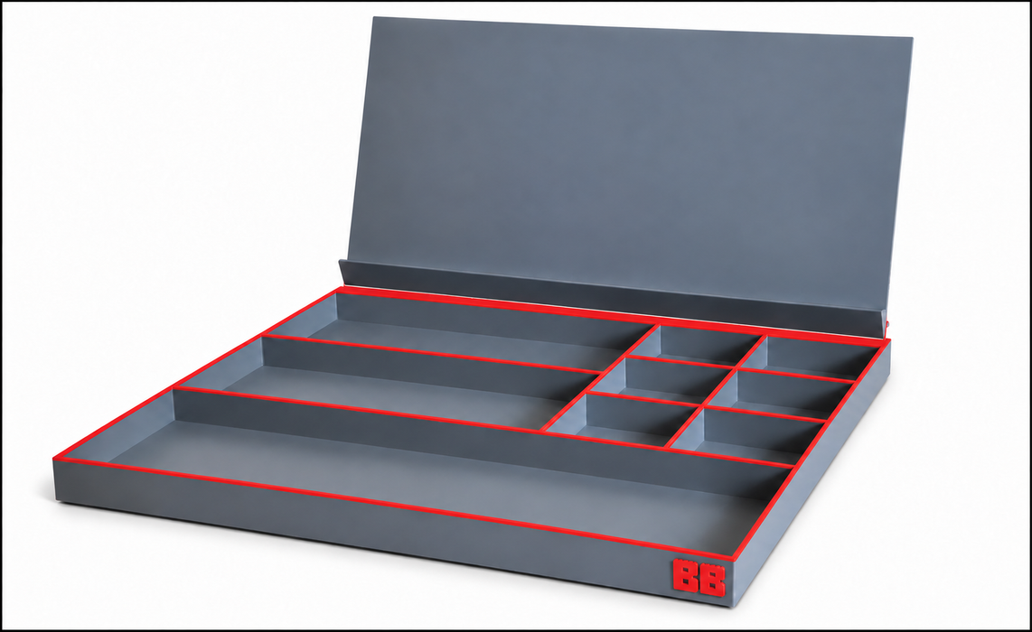 A gray plastic organizer tray with multiple compartments, shown open with its lid propped up. The tray features bright red accent lines outlining the compartments and edges, and a small red square logo on the front right corner.