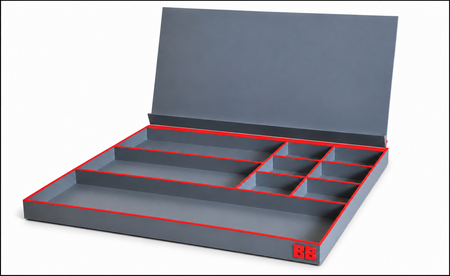 A gray plastic organizer tray with multiple compartments, shown open with its lid propped up. The tray features bright red accent lines outlining the compartments and edges, and a small red square logo on the front right corner.