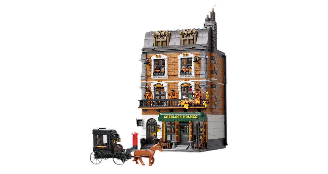 Pantasy UK model of Shirlock Holmes baker street house a building with a horse-drawn carriage and dog in front, on a white background