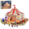 Travelling circus tent set with figures and a horse, featuring a Lumberjack Toys box in the background. LumiBricks UK