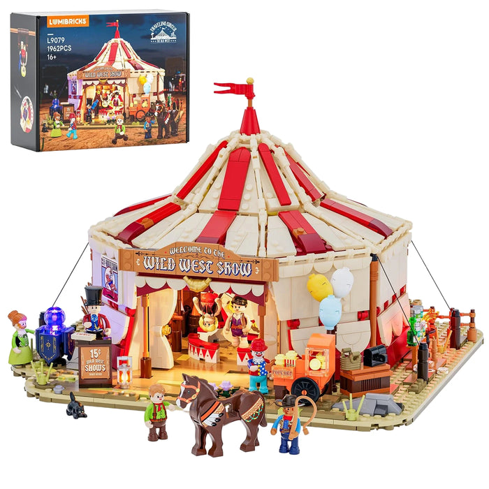 Travelling circus tent set with figures and a horse, featuring a Lumberjack Toys box in the background. LumiBricks UK