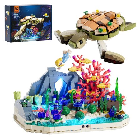 Toy brick turtle and underwater scene with coral and fish on a white background