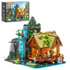Lumibricks toy cabin set with waterfall and accessories, including packaging, on a white background