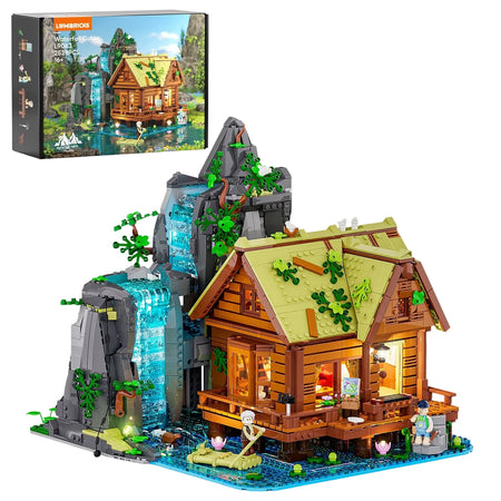 Lumibricks toy cabin set with waterfall and accessories, including packaging, on a white background