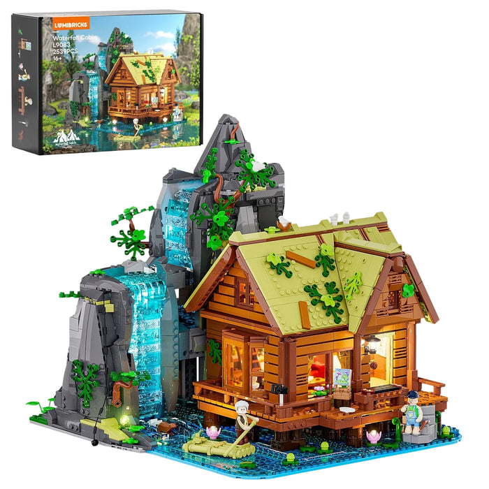Lumibricks toy cabin set with waterfall and accessories, including packaging, on a white background